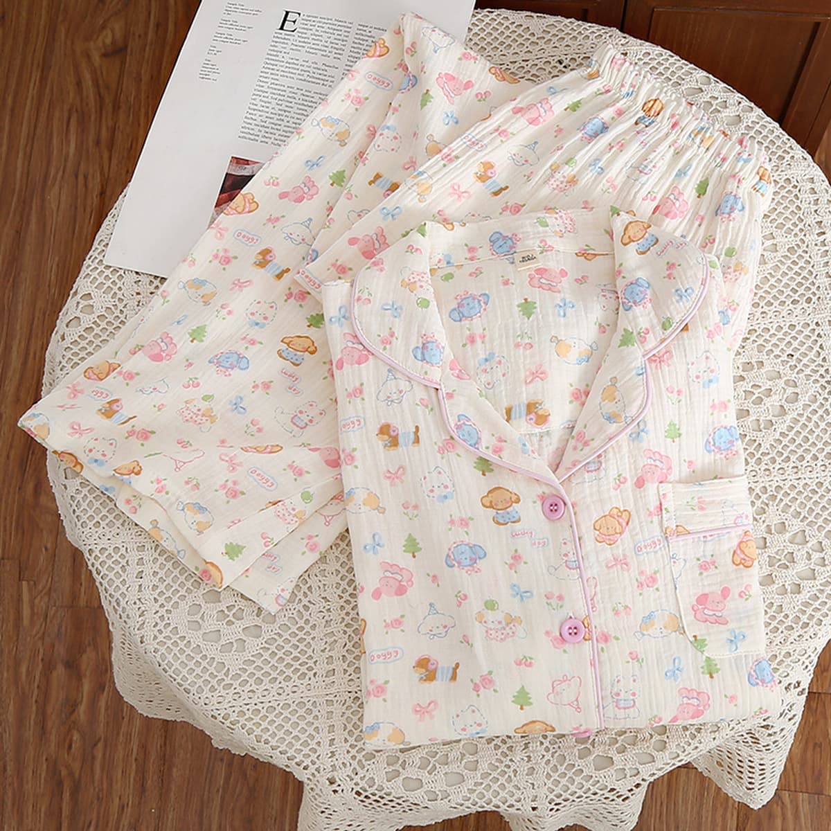 Двухслойная хлопчатобумажная пряжа с рисунком из мультфильмов, женская домашняя одежда, пижамы, брюки с длинными рукавами,...