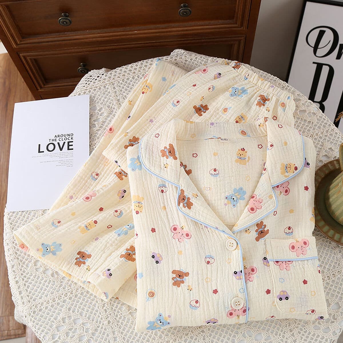 Двухслойная хлопчатобумажная пряжа с рисунком из мультфильмов, женская домашняя одежда, пижамы, брюки с длинными рукавами,...