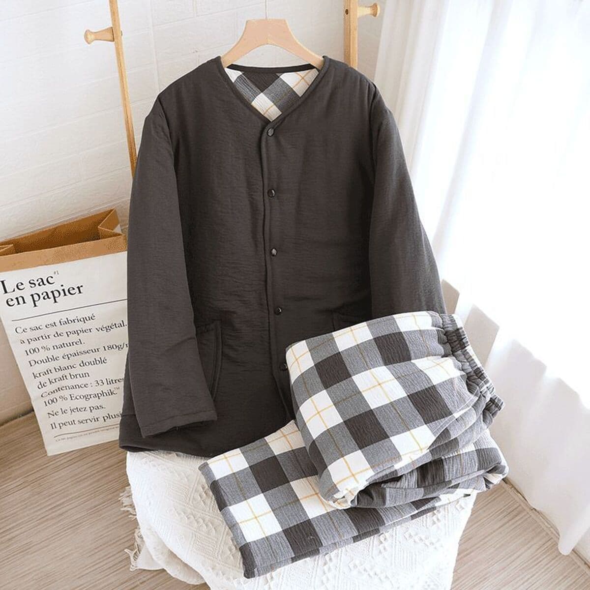 Без печати хороший японский стиль утолщенный хлопок двухслойная хлопчатобумажная пижама женская сплошная мужская зимняя...