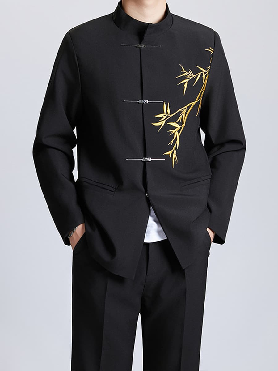 Новый китайский стиль китайского стиля Zhongshan костюм зеленый бамбук с пряжкой и воротником пиджак мужской костюм высокого...