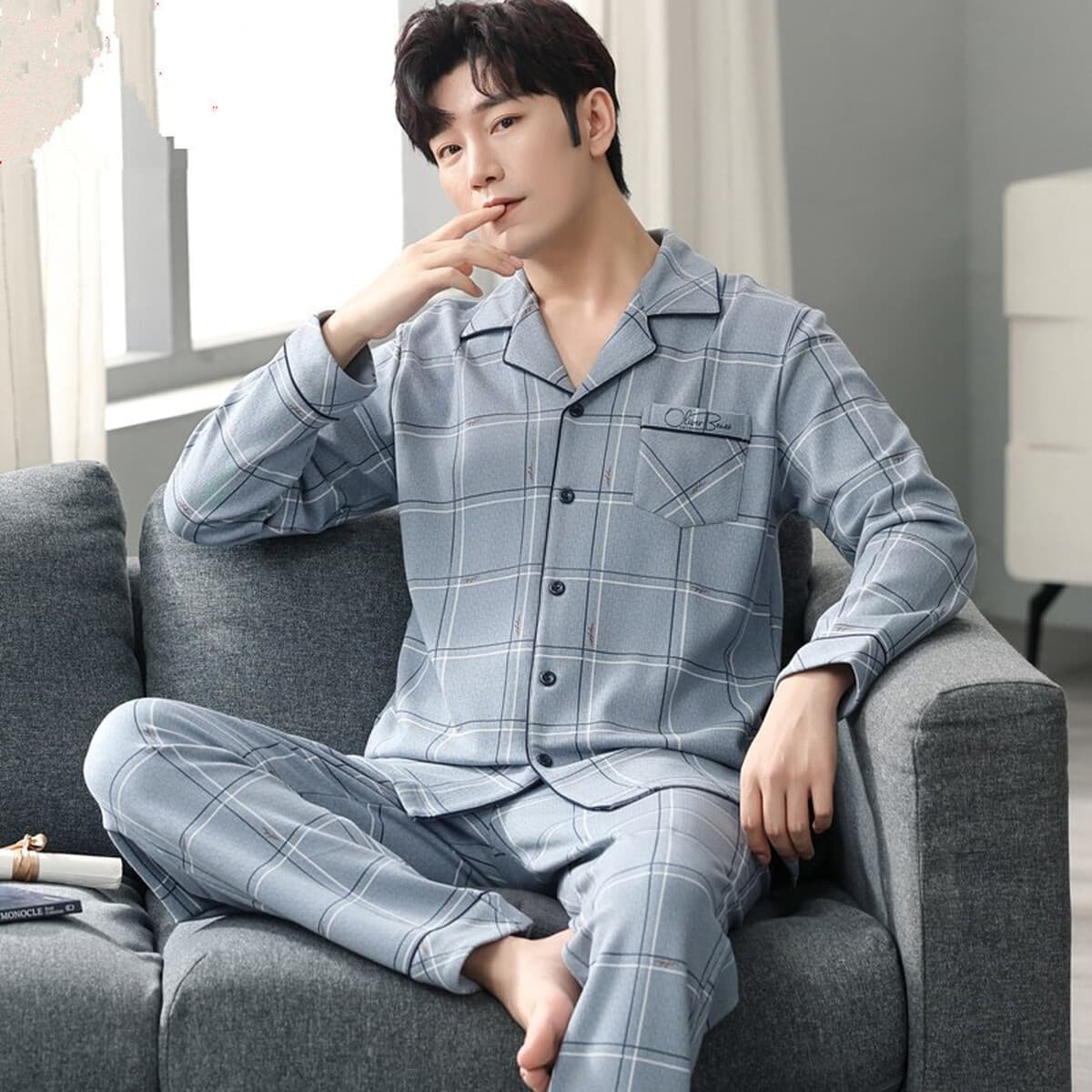 Высококачественная хлопчатобумажная пижама мужская весна и осень с длинными рукавами
