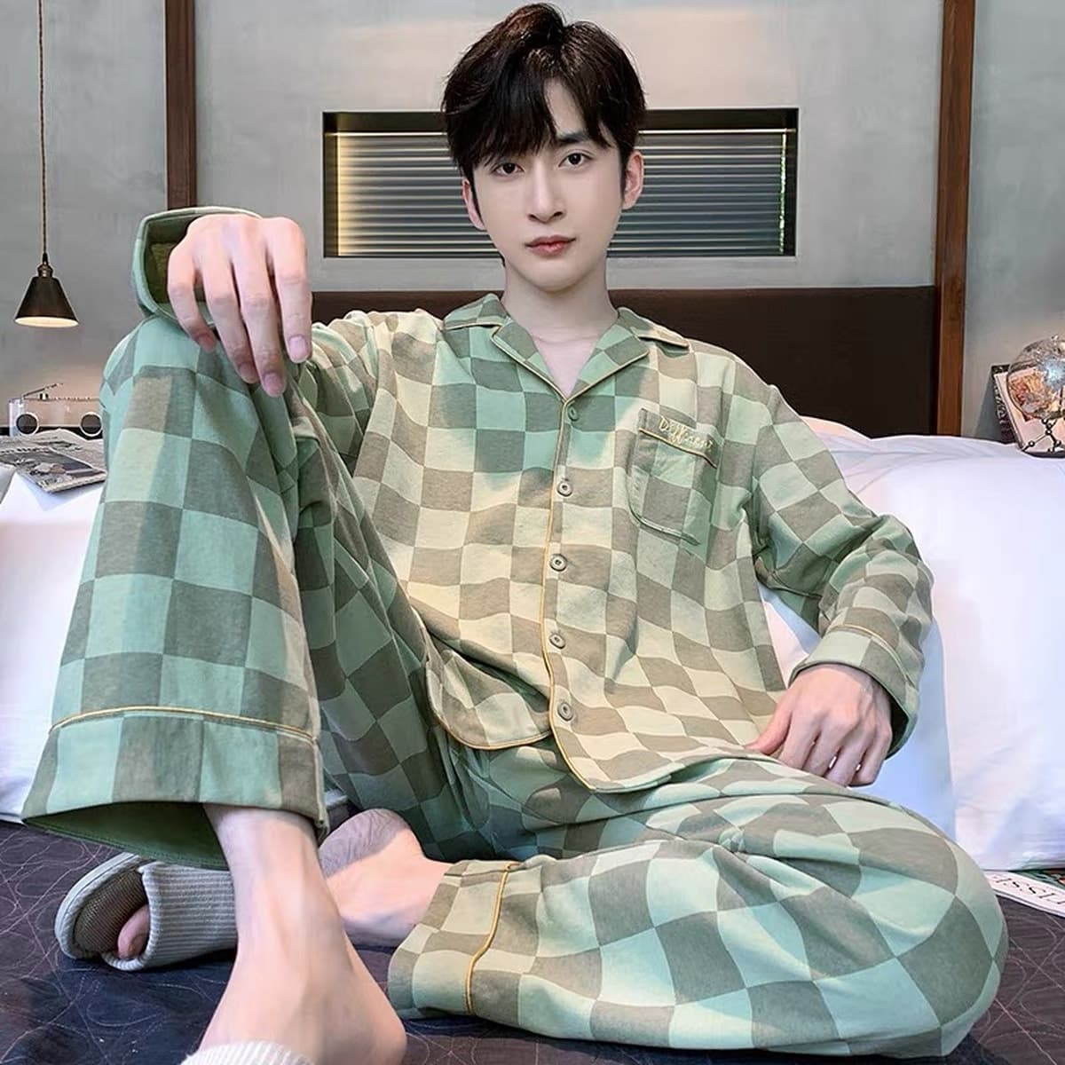 Высококачественная хлопчатобумажная пижама мужская весна и осень с длинными рукавами