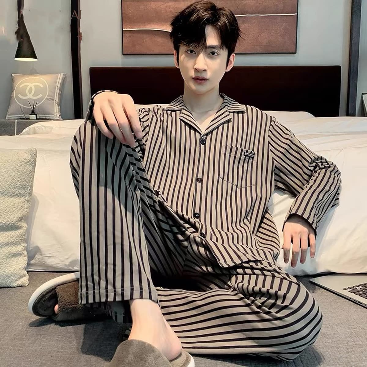 Высококачественная хлопчатобумажная пижама мужская весна и осень с длинными рукавами