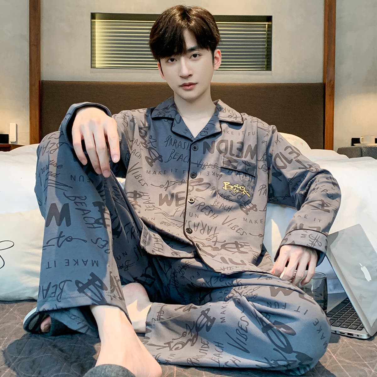 Высококачественная хлопчатобумажная пижама мужская весна и осень с длинными рукавами