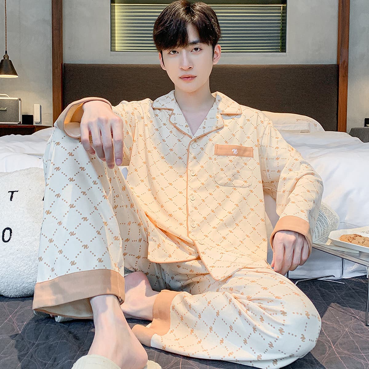 Высококачественная хлопчатобумажная пижама мужская весна и осень с длинными рукавами