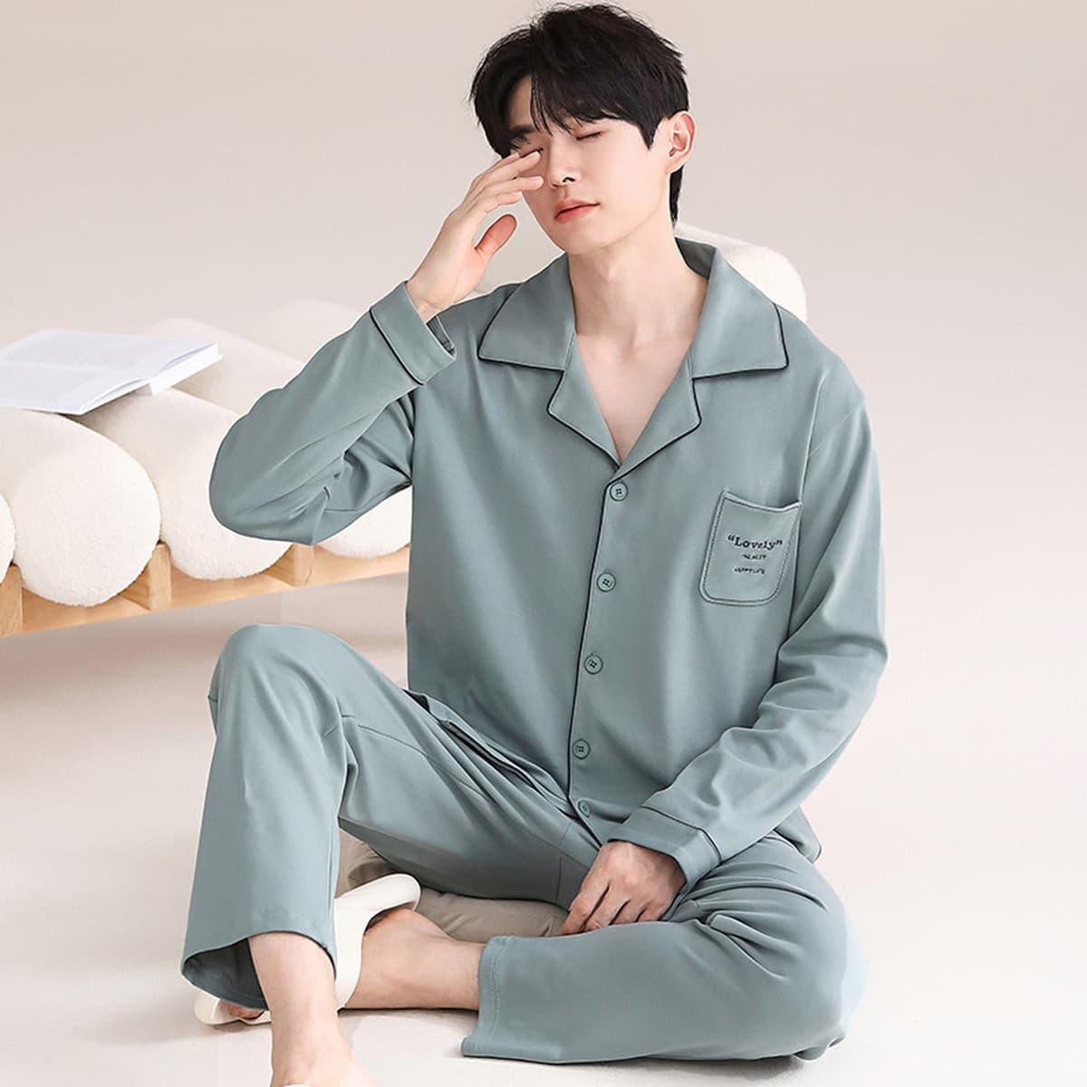 Высококачественная хлопчатобумажная пижама мужская весна и осень с длинными рукавами