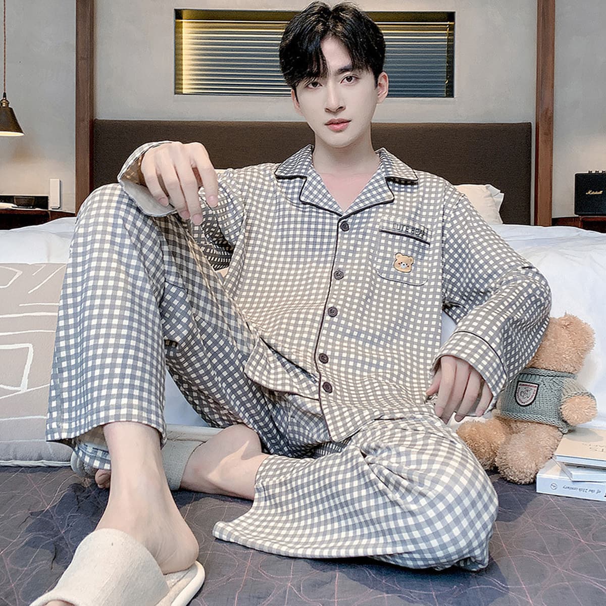 Высококачественная хлопчатобумажная пижама мужская весна и осень с длинными рукавами