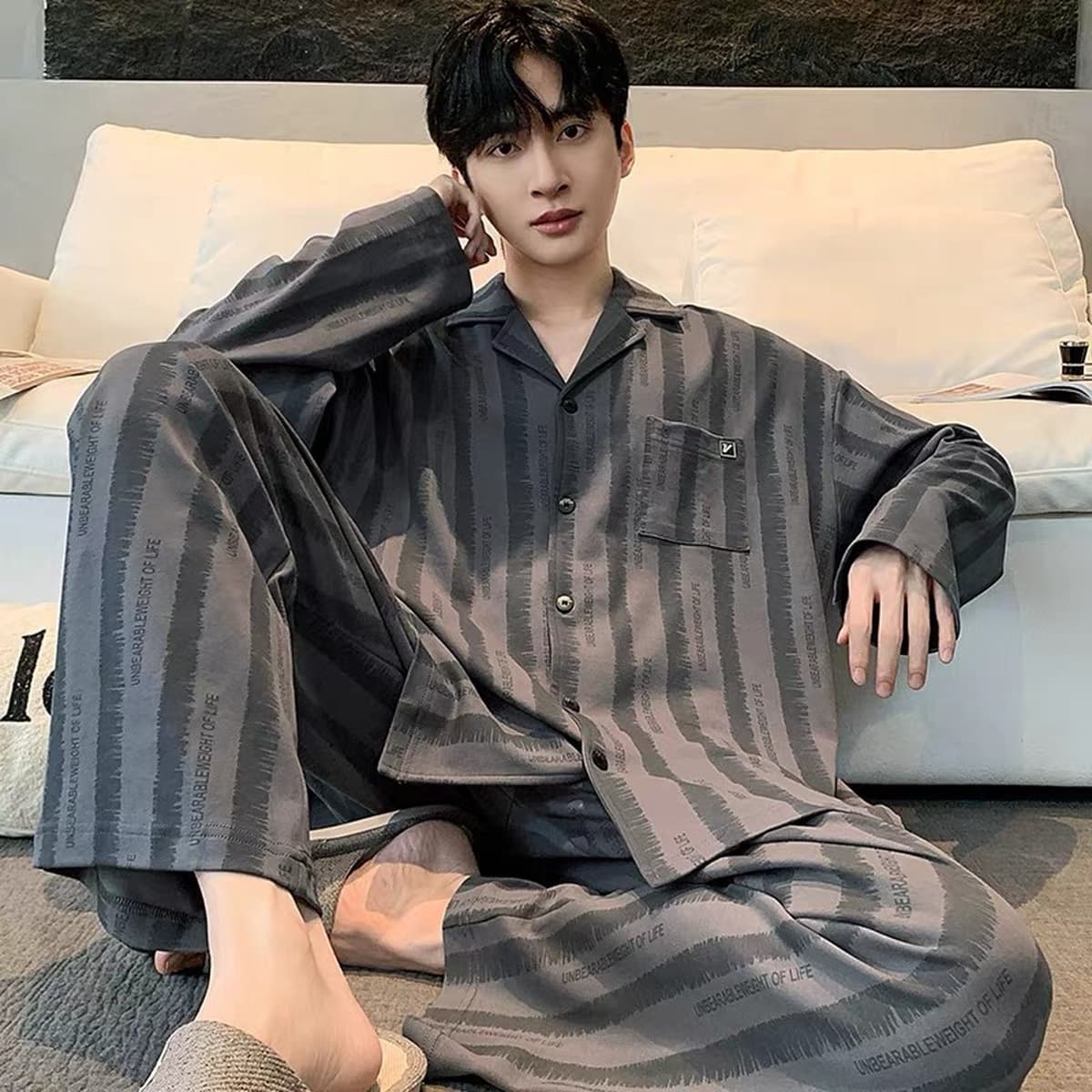 Высококачественная хлопчатобумажная пижама мужская весна и осень с длинными рукавами
