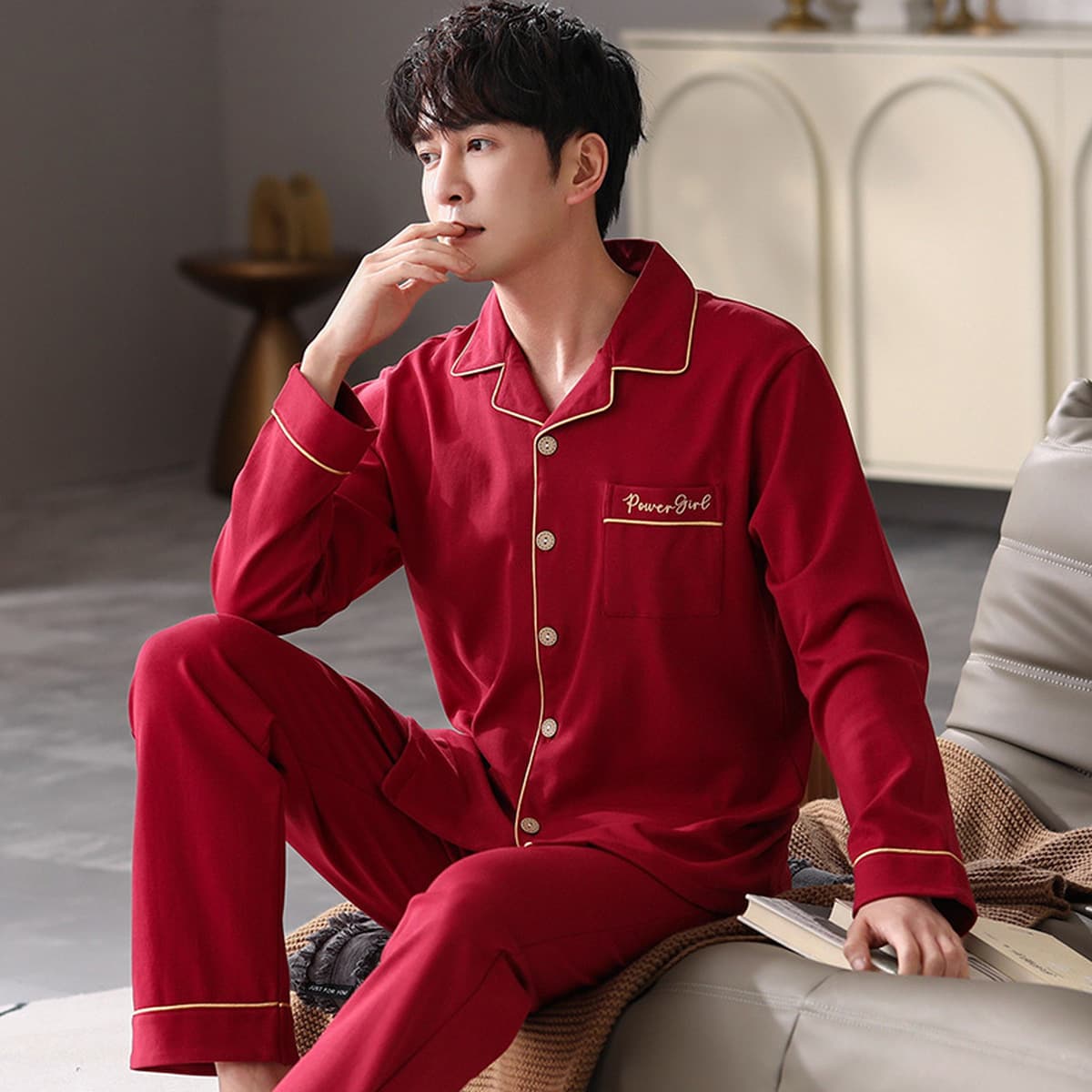 Высококачественная хлопчатобумажная пижама мужская весна и осень с длинными рукавами