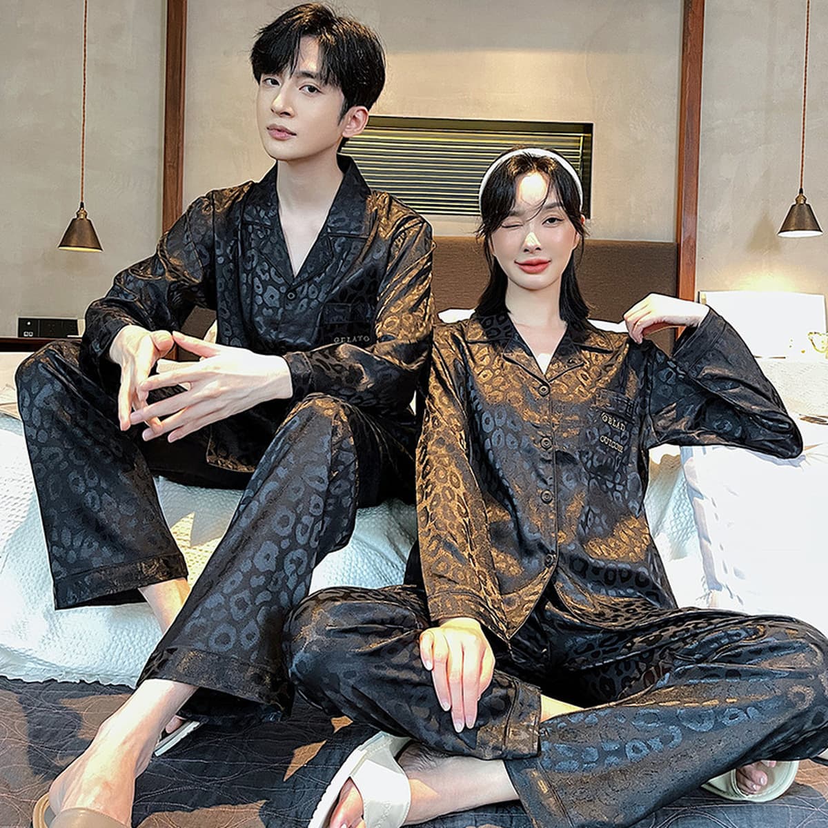 Пижамы для пар, весна и осень, ледяной шелк, Мужская и Женская Летняя шелковая тонкая английская домашняя одежда в стиле...