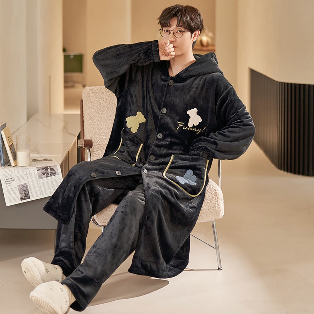 Caini Love Пижама женская зимняя Коралловая флисовая утолщенная длинная фланелевая ночная рубашка с капюшоном мужская парная...