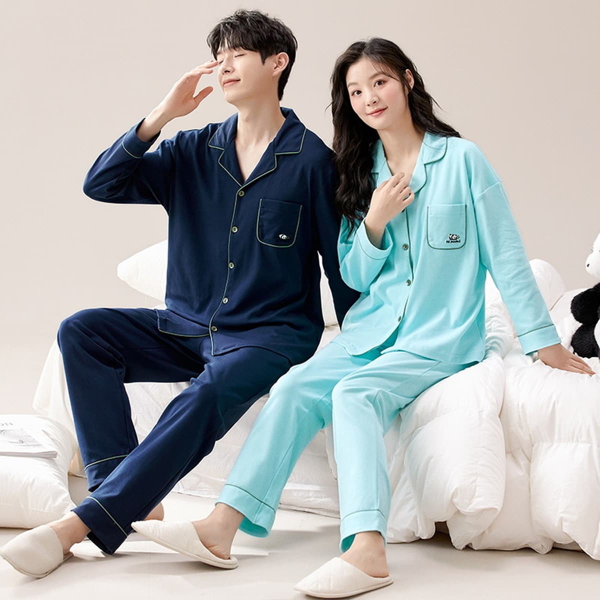 Пара пижам Весна и осень брюки с длинными рукавами кардиган Пижама женская Хлопковая мужская Высококачественная Домашняя...