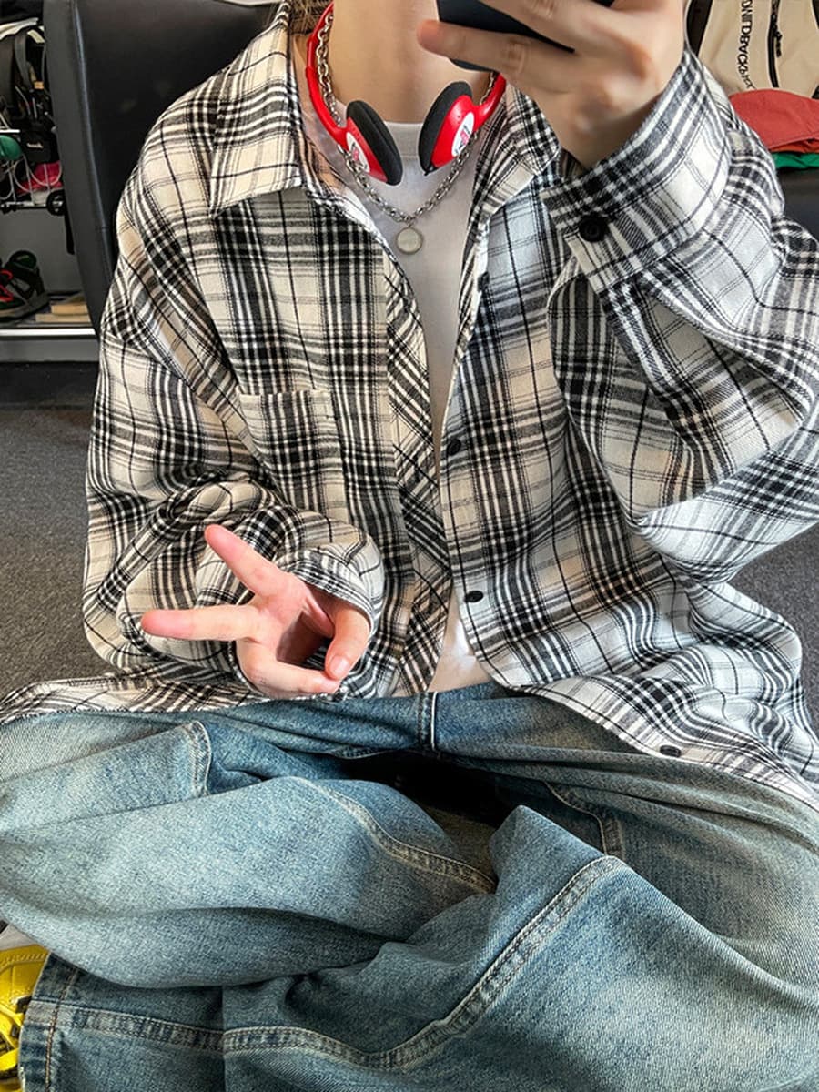 Мужская рубашка в клетку больших размеров, длинный рукав, весна-осень 2025, модный американский ретро стиль, свободный...