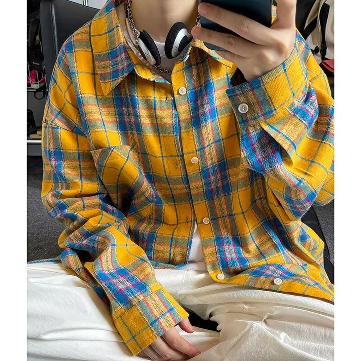 Мужская рубашка в клетку больших размеров, длинный рукав, весна-осень 2025, модный американский ретро стиль, свободный...