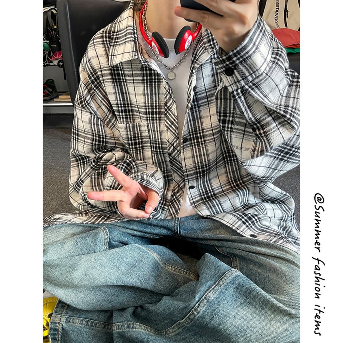 Мужская рубашка в клетку больших размеров, длинный рукав, весна-осень 2025, модный американский ретро стиль, свободный...