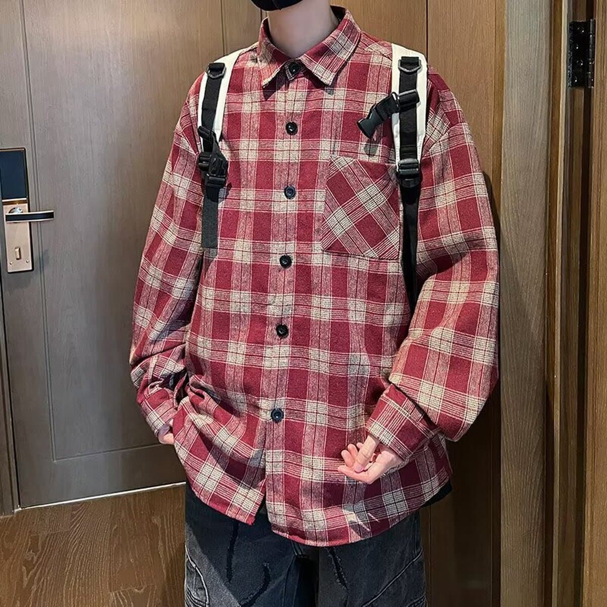 Мужская рубашка в клетку больших размеров, длинный рукав, весна-осень 2025, модный американский ретро стиль, свободный...