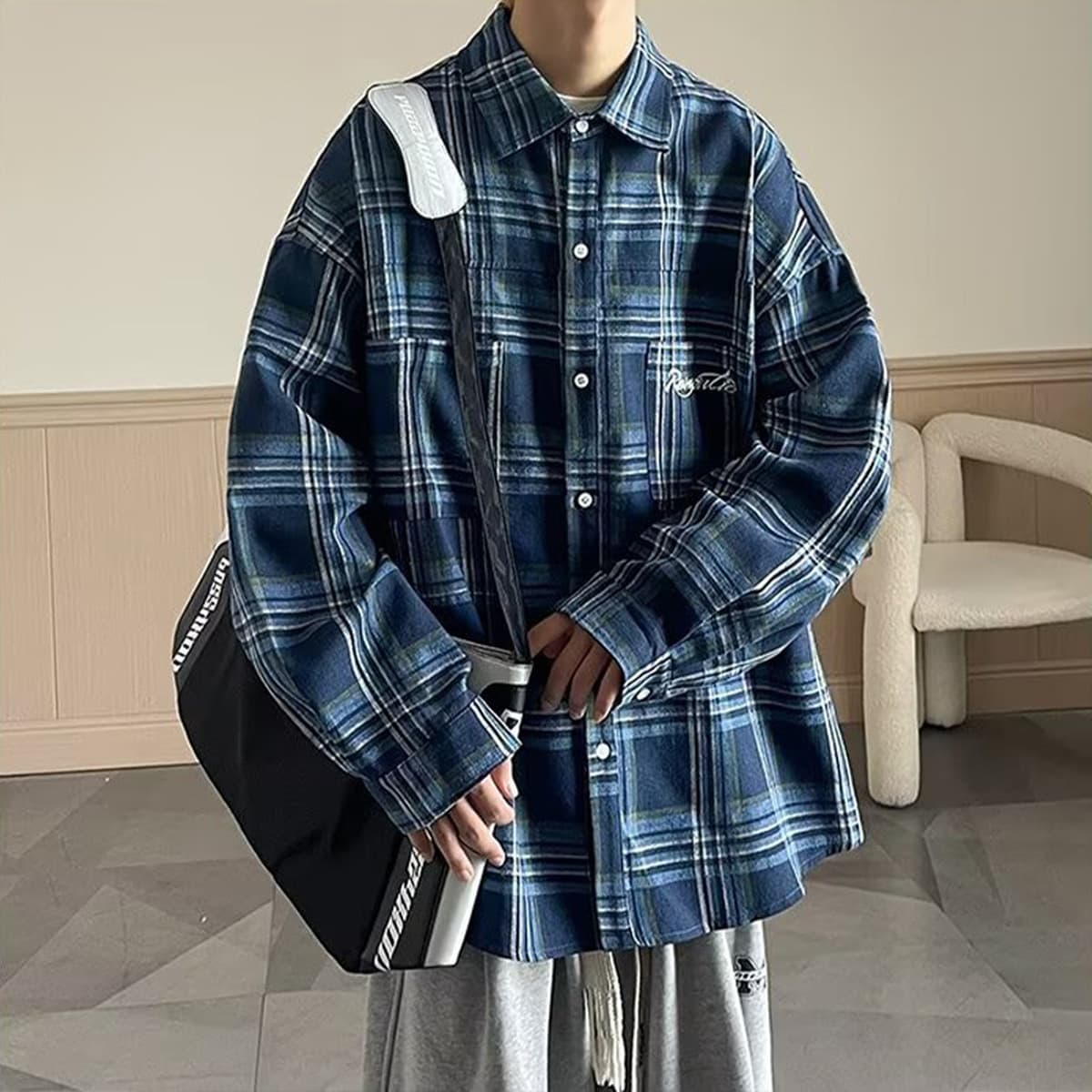 Мужская рубашка в клетку больших размеров, длинный рукав, весна-осень 2025, модный американский ретро стиль, свободный...