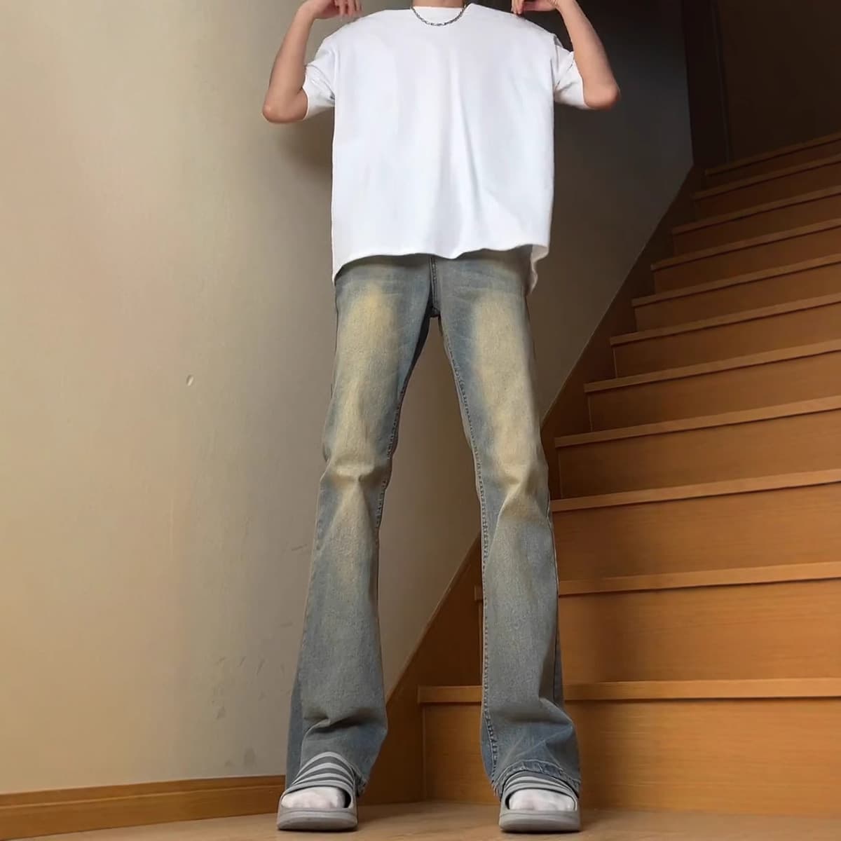 Американские брюки со средней и высокой талией для высоких мужчин, синие повседневные джинсы в стиле ретро, прямые брюки