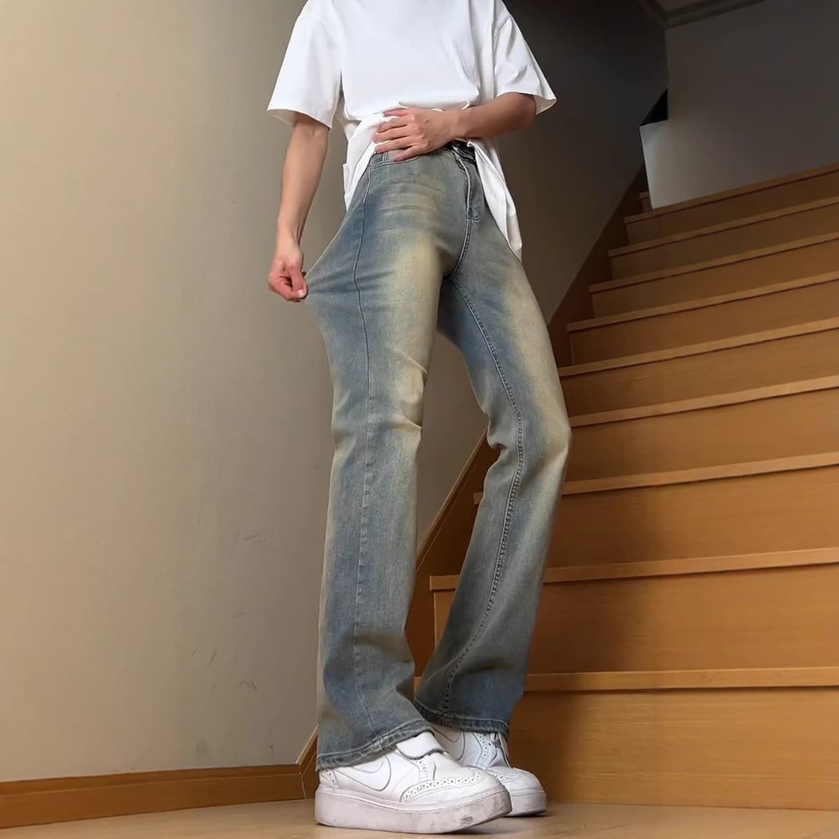 Американские брюки со средней и высокой талией для высоких мужчин, синие повседневные джинсы в стиле ретро, прямые брюки