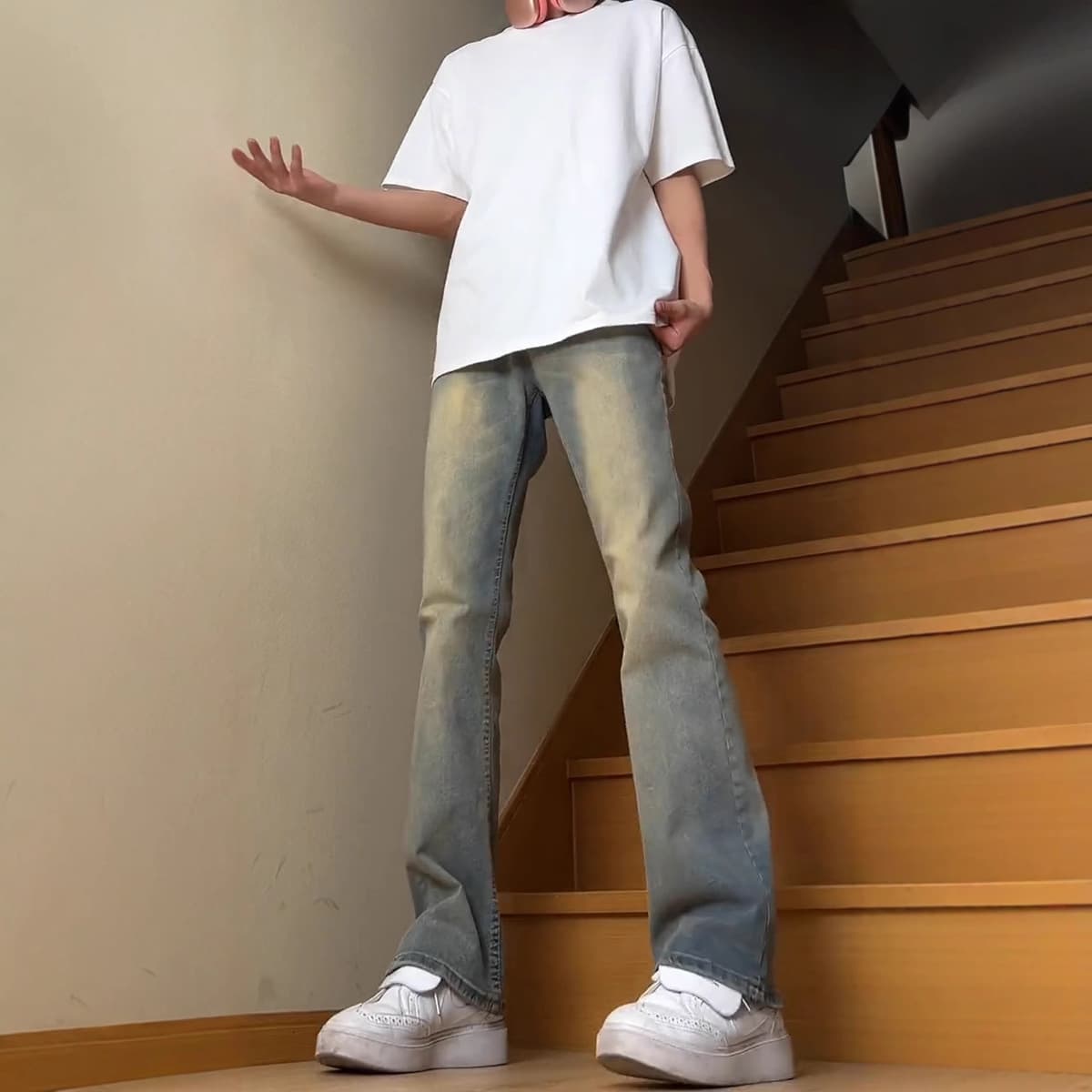 Американские брюки со средней и высокой талией для высоких мужчин, синие повседневные джинсы в стиле ретро, прямые брюки