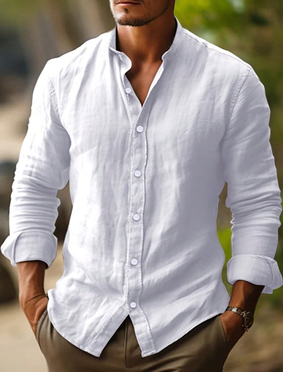 Трансграничные мужские льняные рубашки летняя пляжная рубашка с длинными рукавами простой стоячий воротник весной и летом...