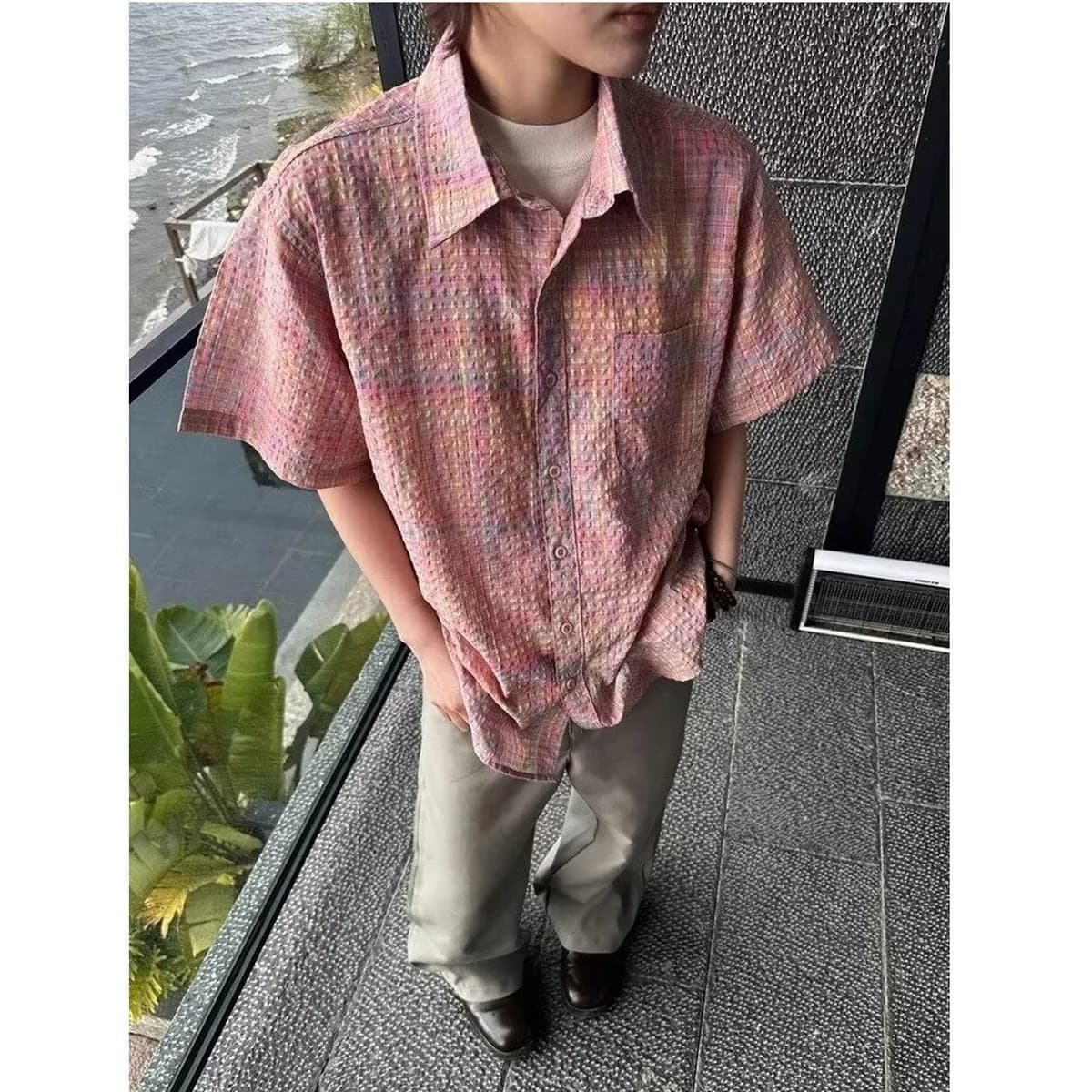 Летняя розовая рубашка из жатого хлопка с короткими рукавами для мальчиков, высококачественная мальчишеская рубашка для...