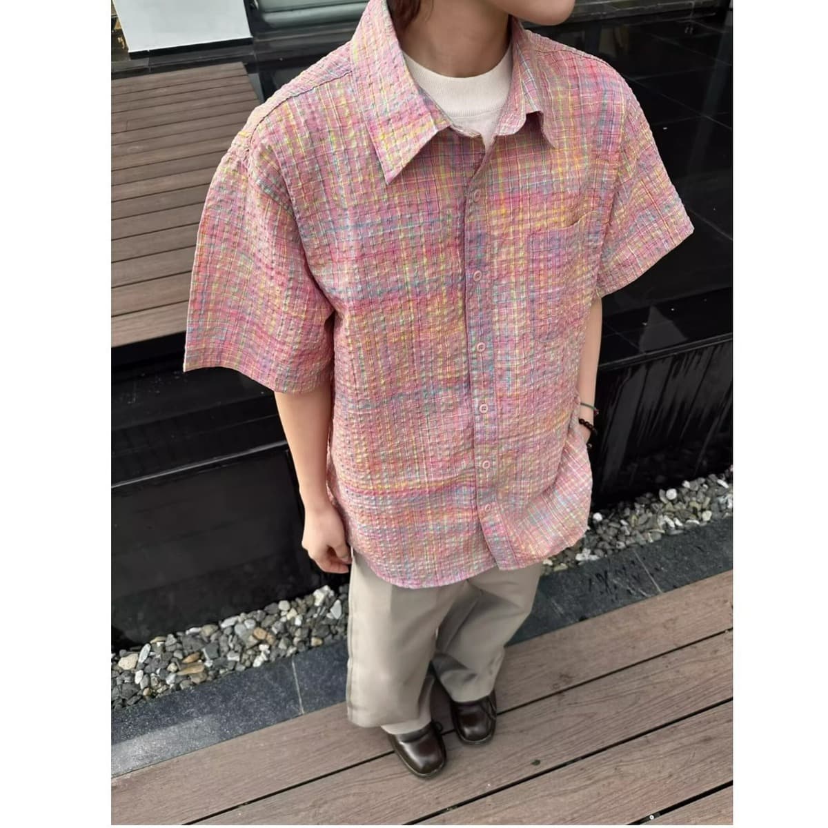 Летняя розовая рубашка из жатого хлопка с короткими рукавами для мальчиков, высококачественная мальчишеская рубашка для...