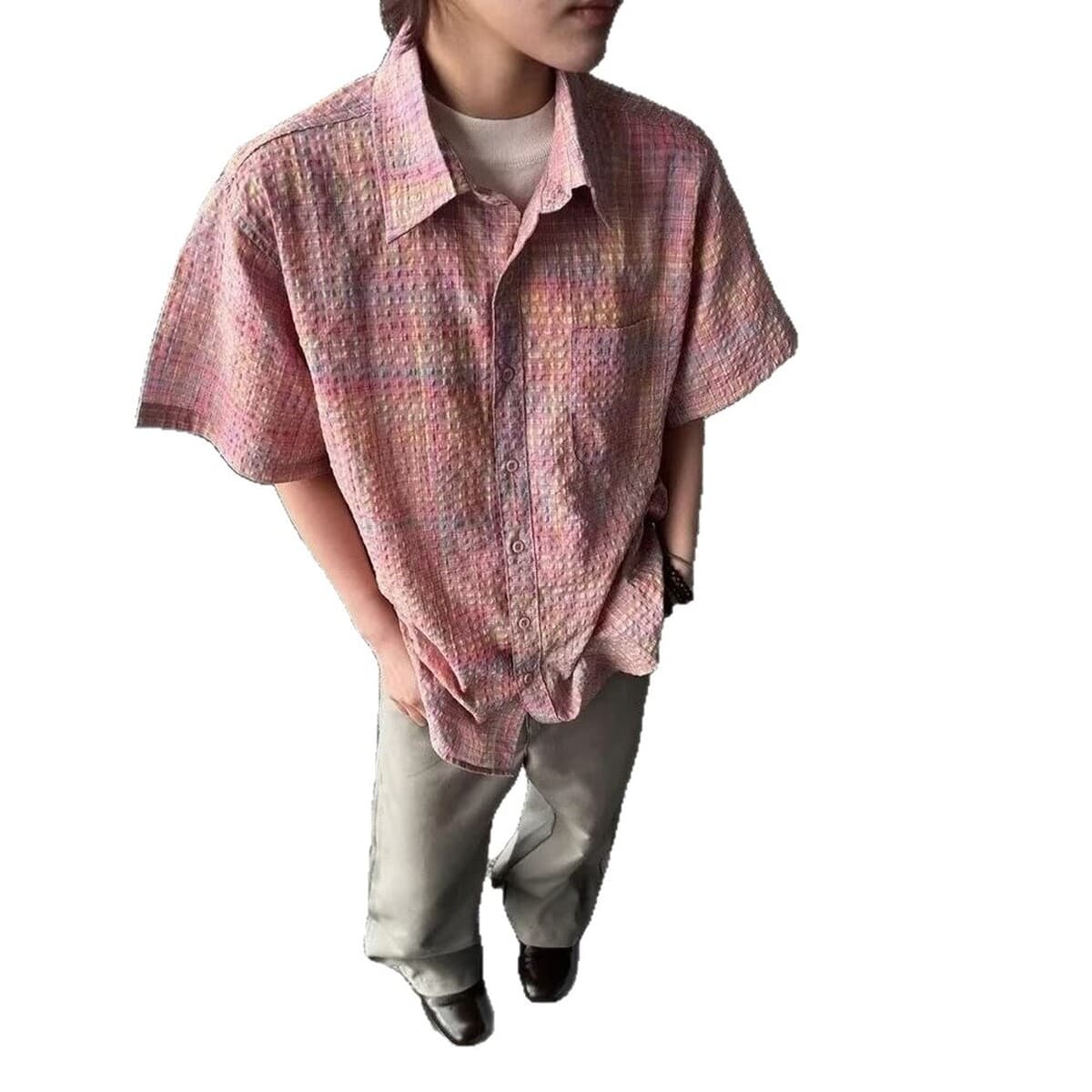 Летняя розовая рубашка из жатого хлопка с короткими рукавами для мальчиков, высококачественная мальчишеская рубашка для...