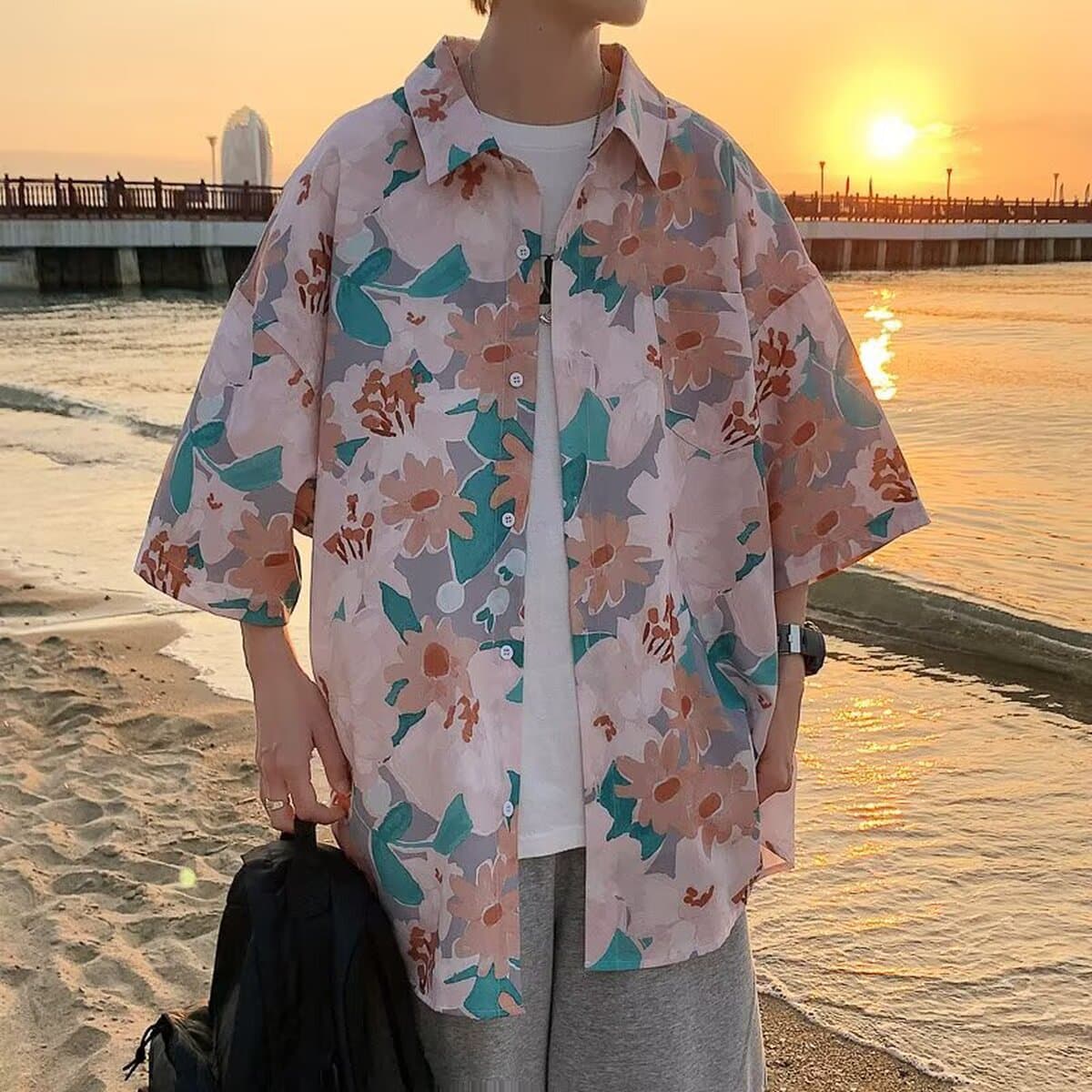 Мужская рубашка с гавайским цветочным принтом, короткий рукав, из ледяного шелка, модная пляжная рубашка, летняя тонкая...
