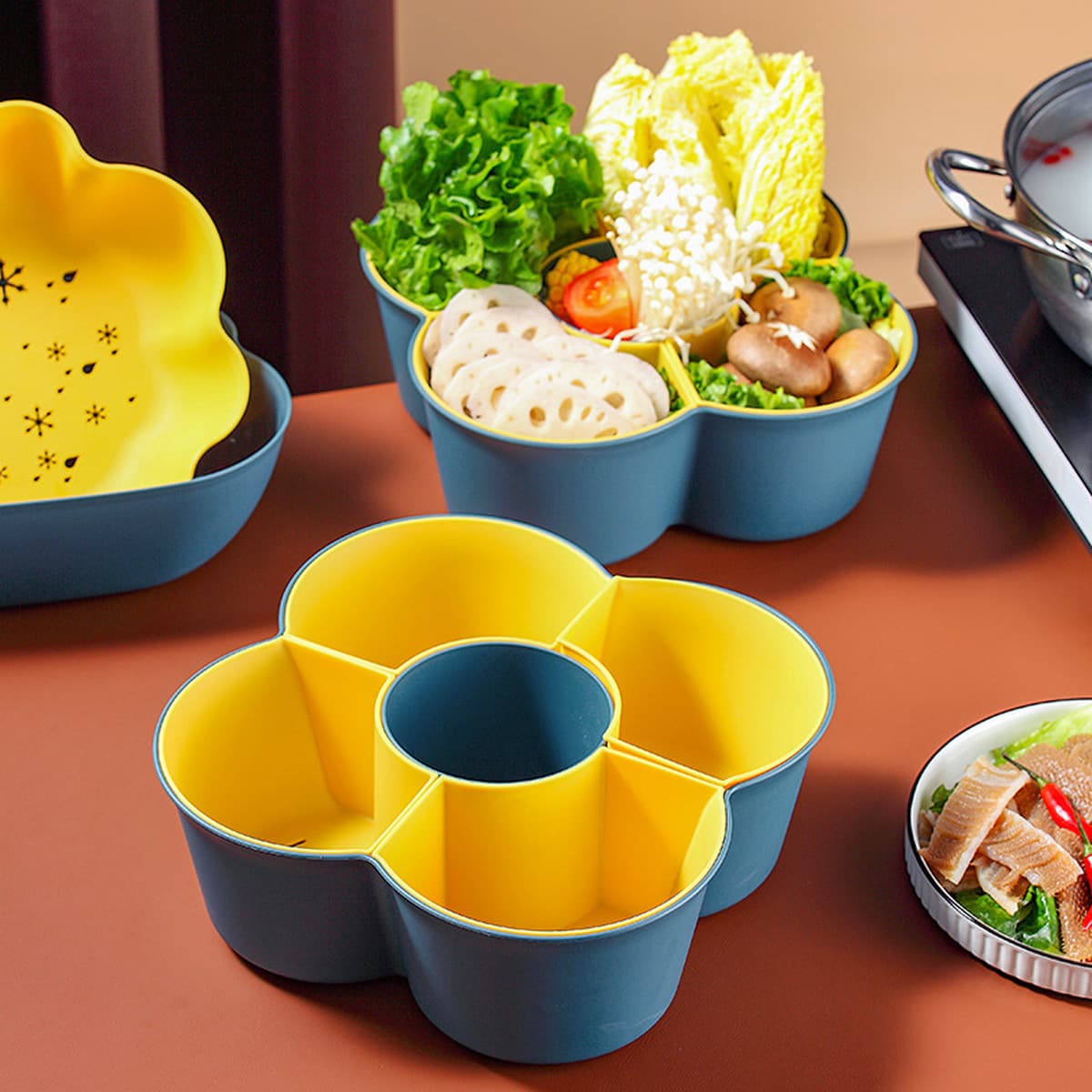 Бытовая кухонная тарелка для горячего горшка Раковина для мытья овощей Корзина для слива Двухслойная многосеточная тарелка...