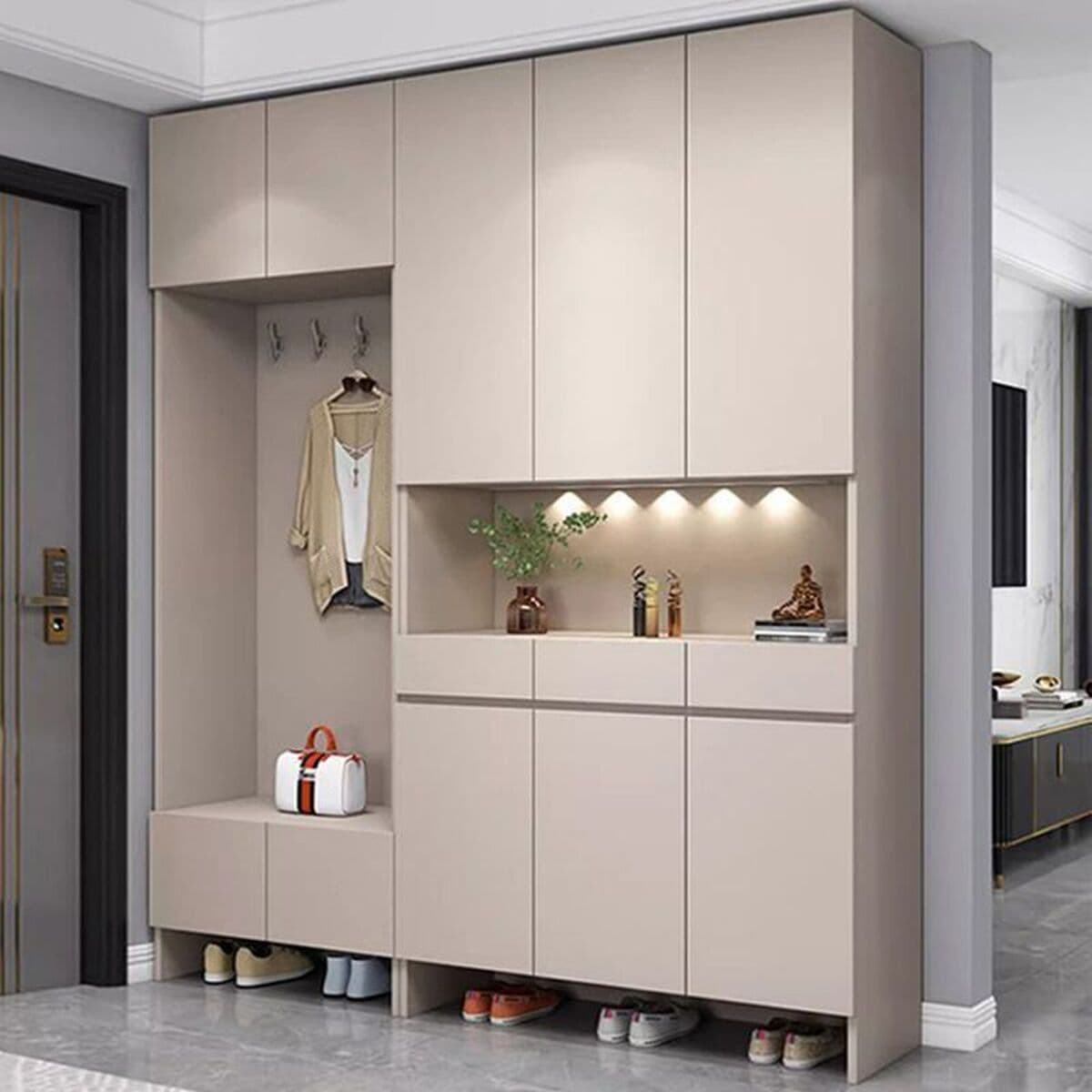 Оптовая продажа индивидуальных обувниц из массива дерева для прихожей, со встроенной настенной скамейкой, вешалкой для...