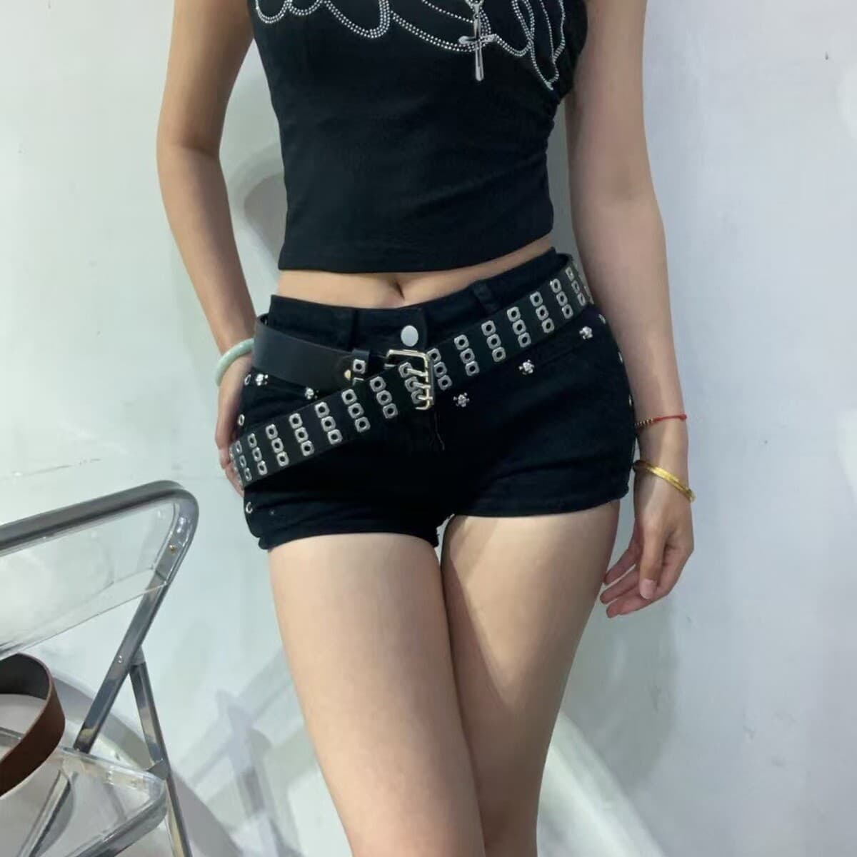 Черный ремень с заклепками в стиле Y2K, без перфорации, 2025, новый женский ремень, аксессуар для женщин, декоративный...