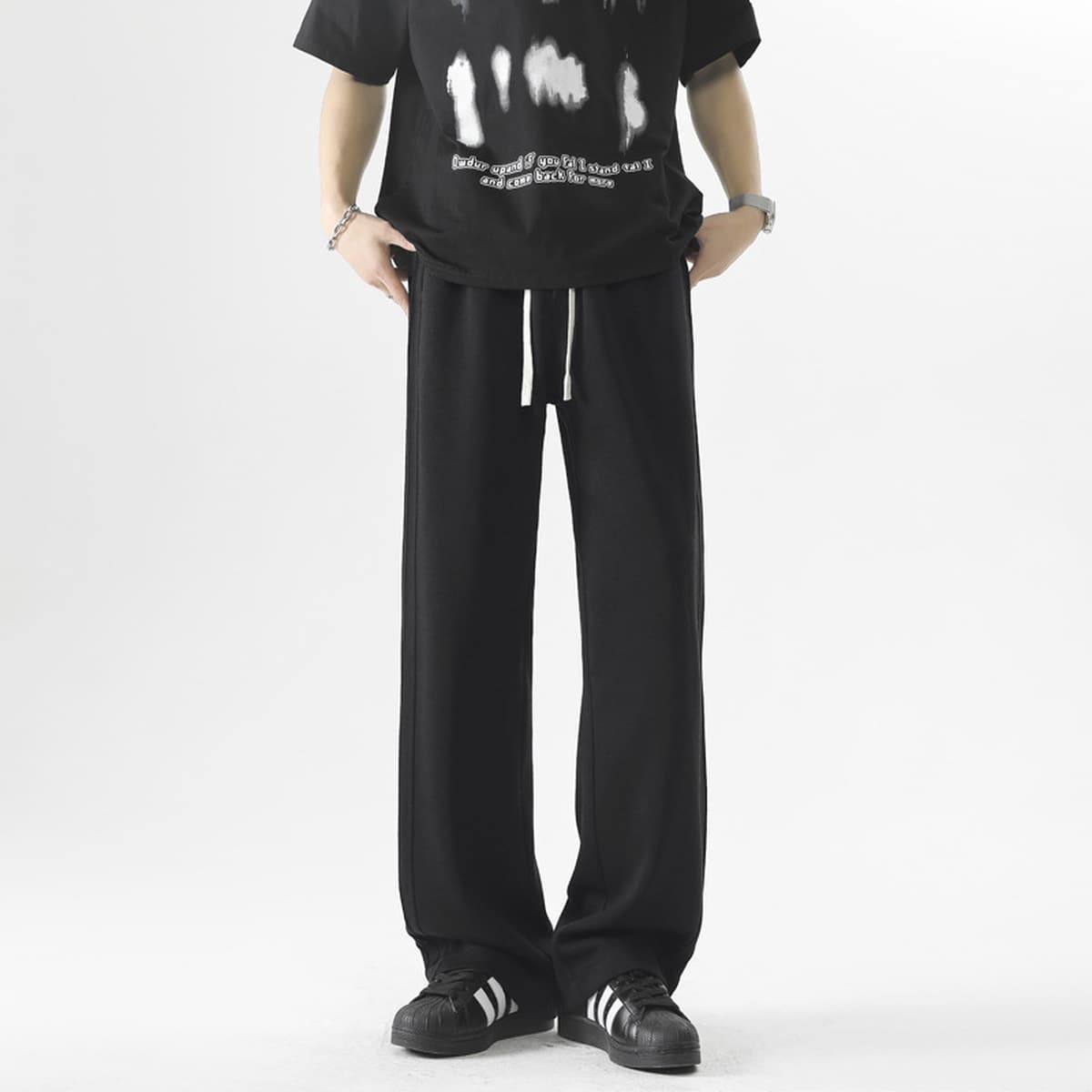 Повседневные брюки мужские 2024 летние свободные дикие сплошные спортивные брюки мужские прямые шнуровки мужские беговые...