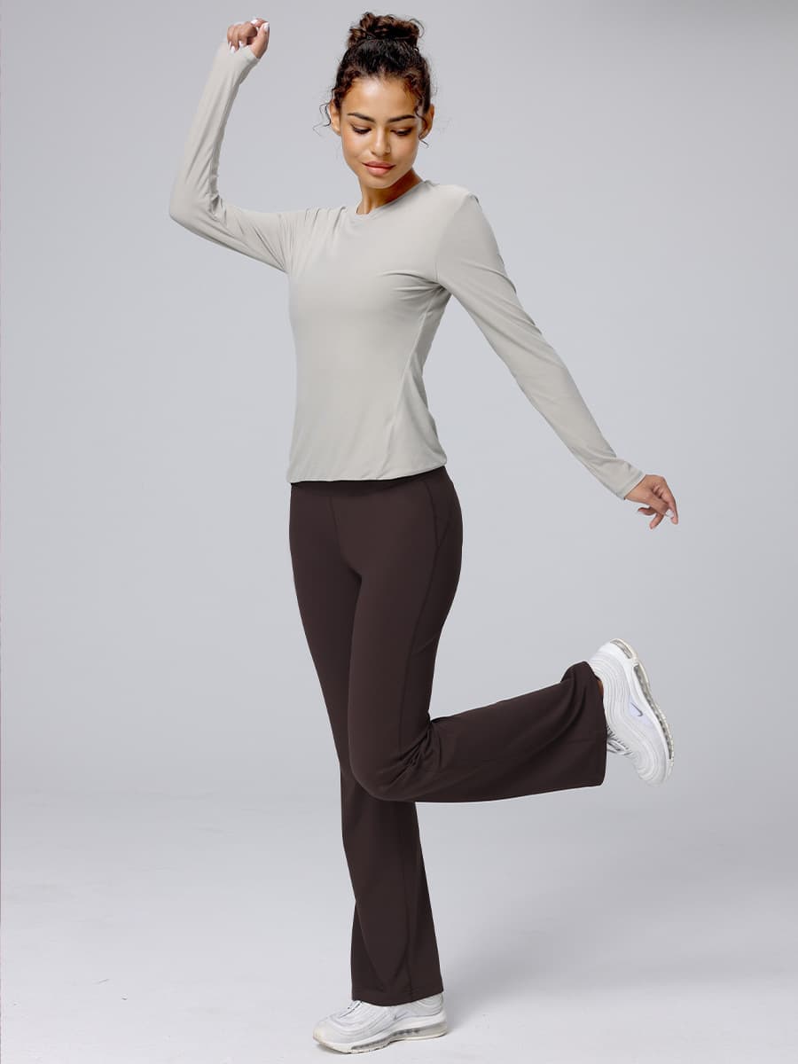 Топ с круглым вырезом, облегающий крой, эластичный, для похудения, спортивные длинные рукава, ощущение телесного цвета,...