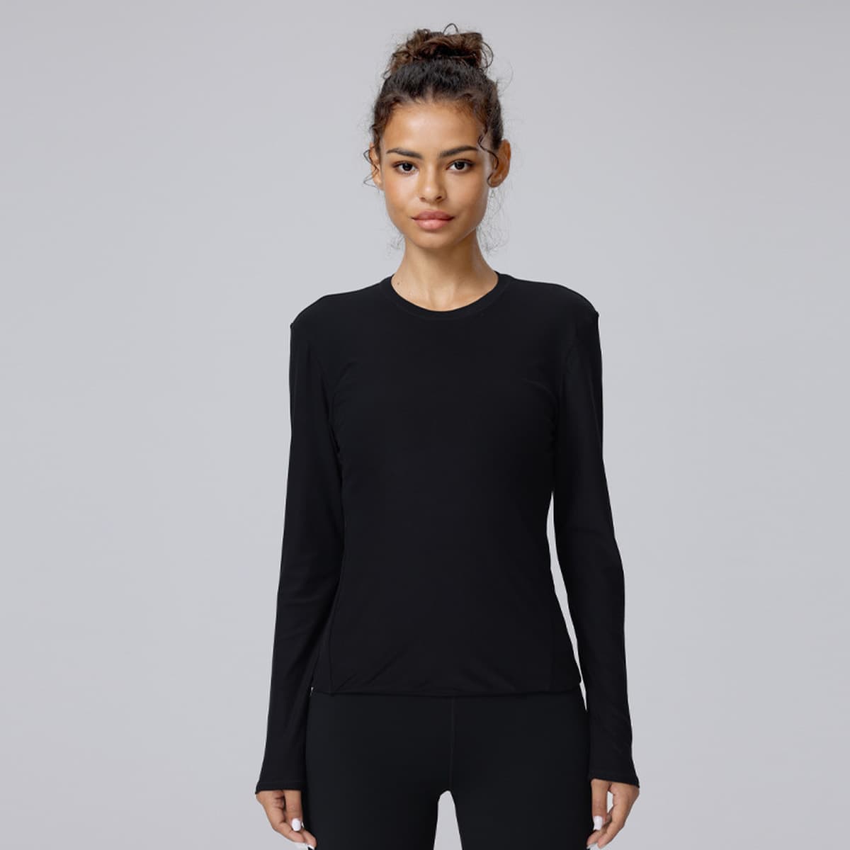 Топ с круглым вырезом, облегающий крой, эластичный, для похудения, спортивные длинные рукава, ощущение телесного цвета,...