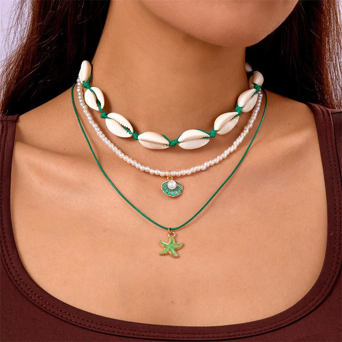 Amazon новый богемный стиль многослойная оболочка ожерелье женская мода рисовый жемчуг ожерелье ключица набор оптом