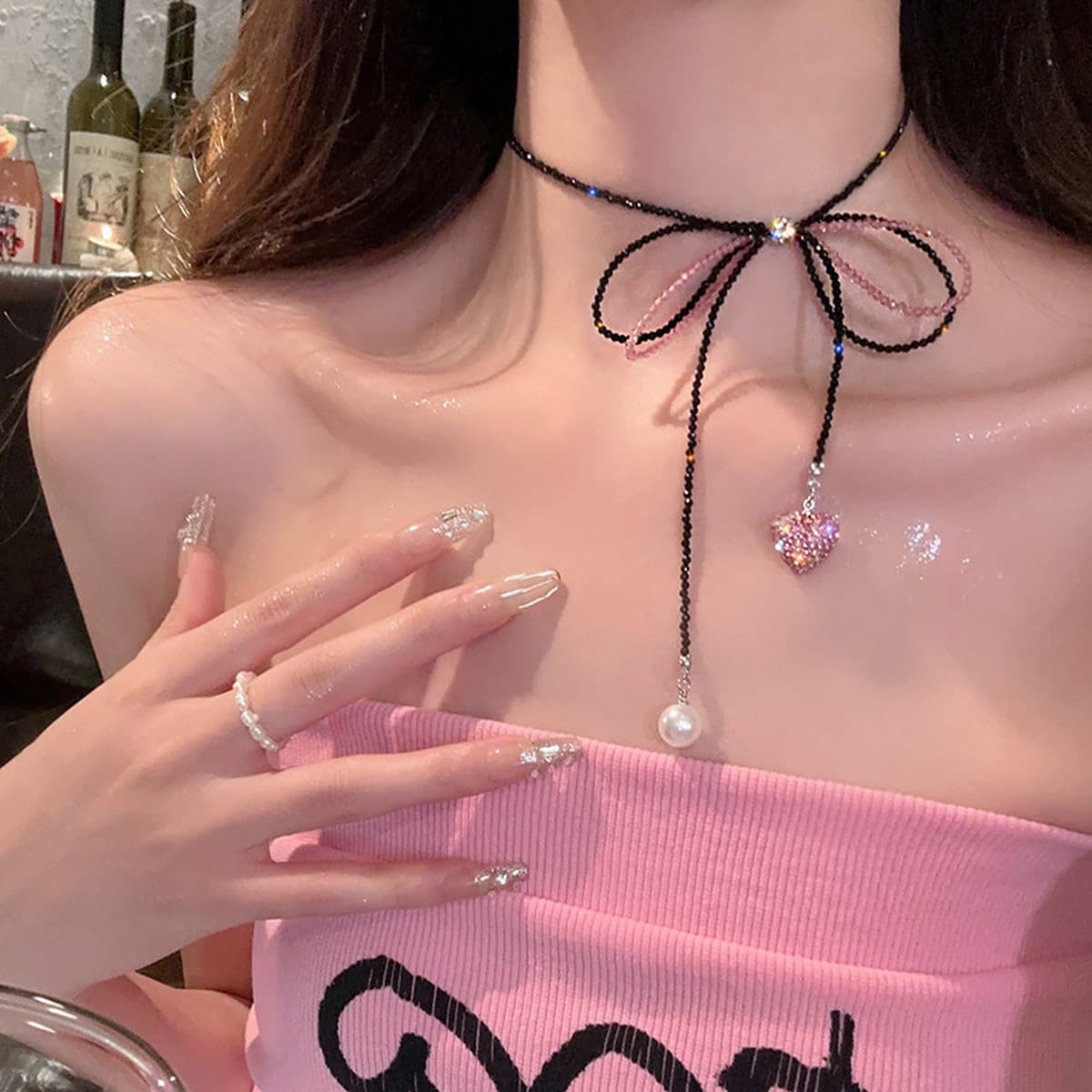 Горячая девушка супер любовь ~ галстук лук любовь жемчужное ожерелье женский нишевый дизайн смысл расширенный смысл бисера...