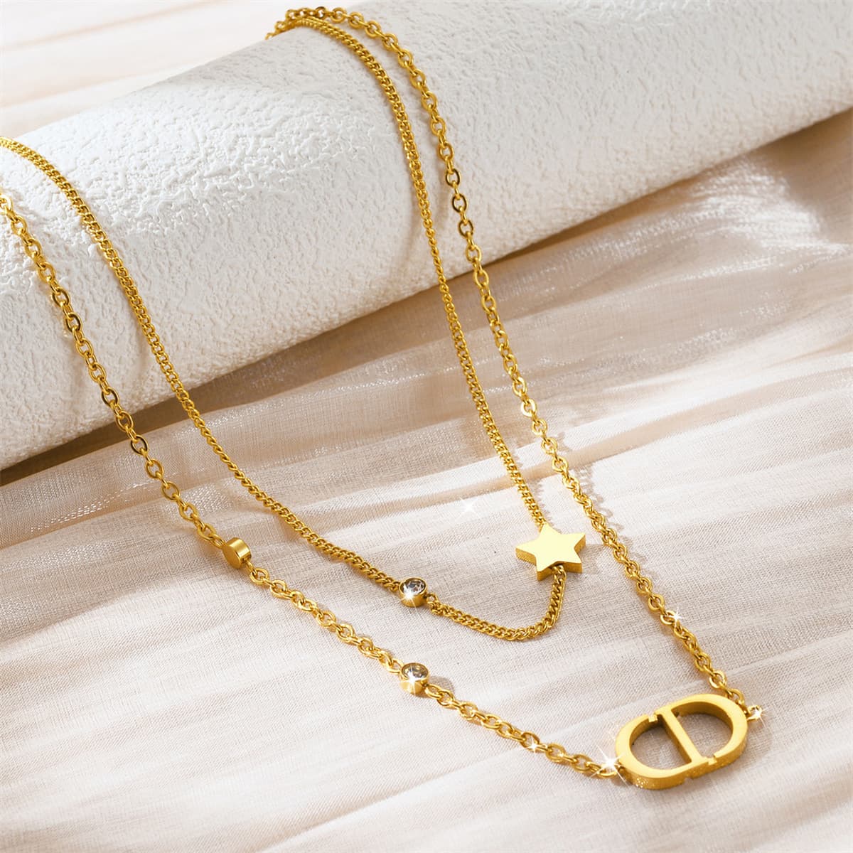 【Цельный титан】Бестселлер Amazon для международных продаж, модное европейско-американское двухслойное колье с буквами,...