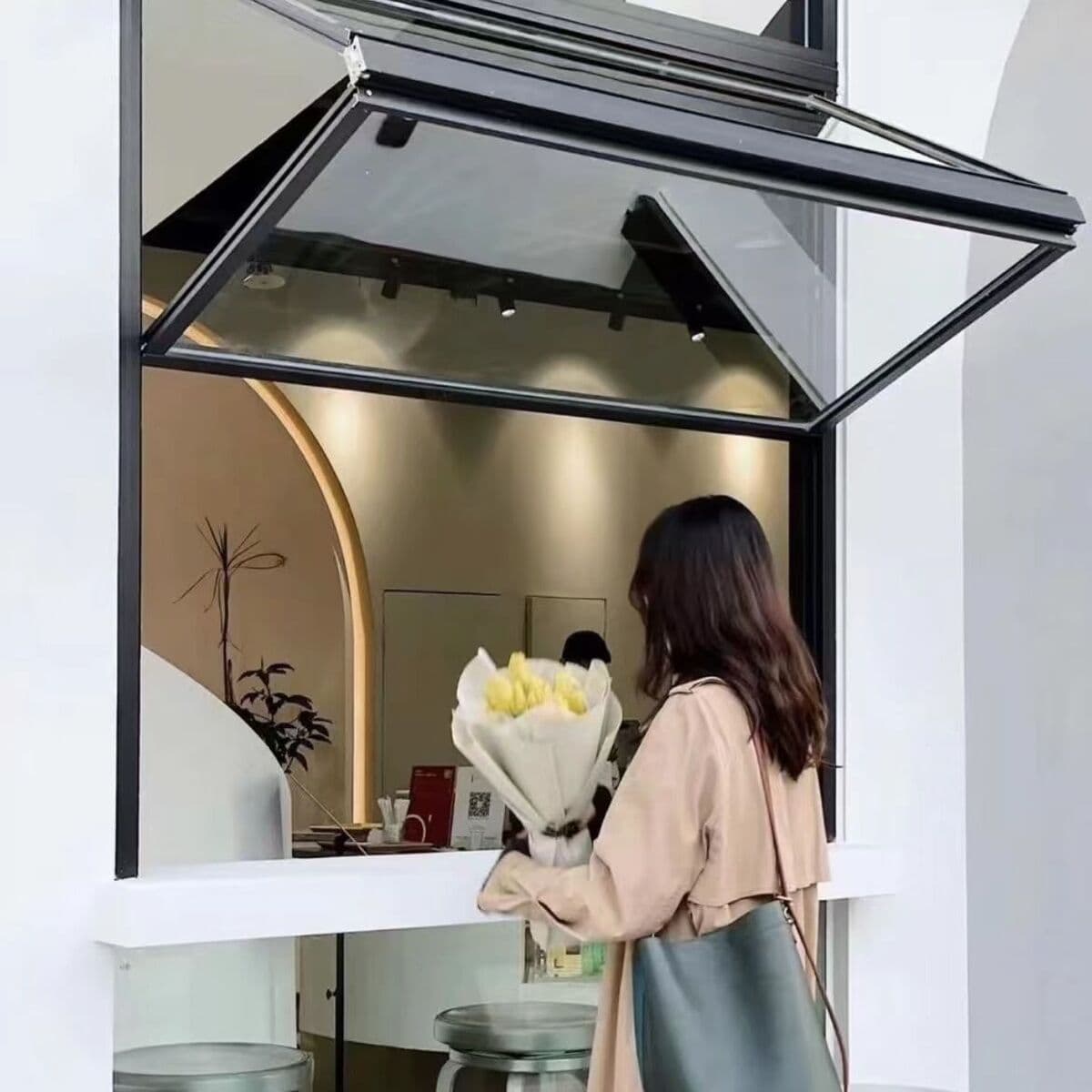 Верхние и нижние складные окна Алюминиевые окна с полным открытым окном кофе чай с молоком